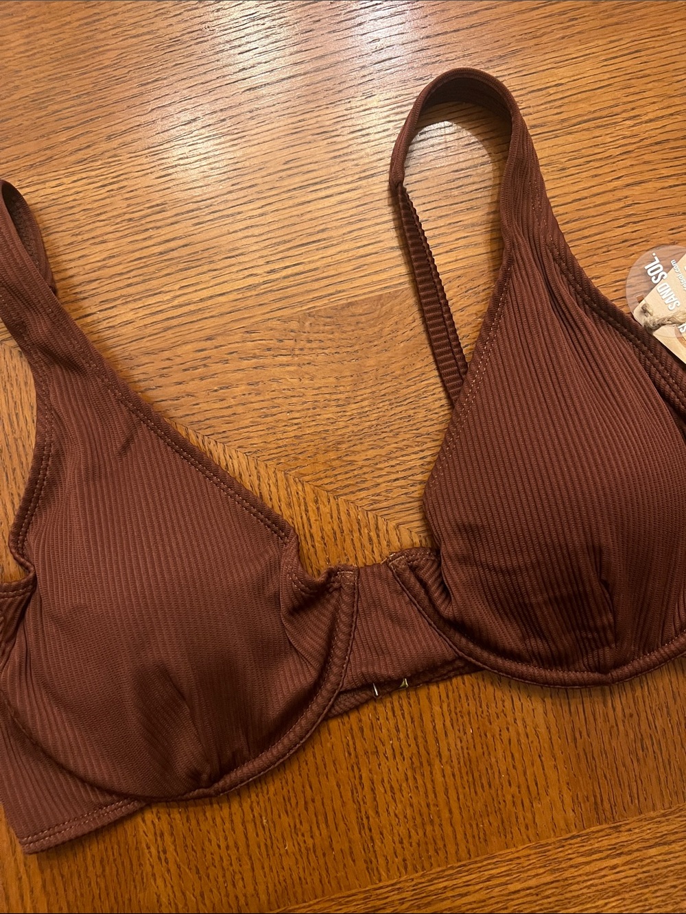 Ribbed Underwire Swim Bra — Chocolate Brown Size XL   B42